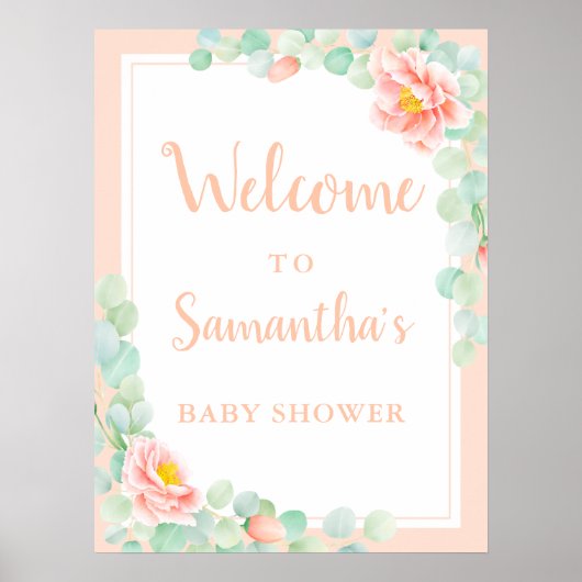 Baby shower Welkom Eucalyptus Foliage Peony Peach Poster (Voorkant)