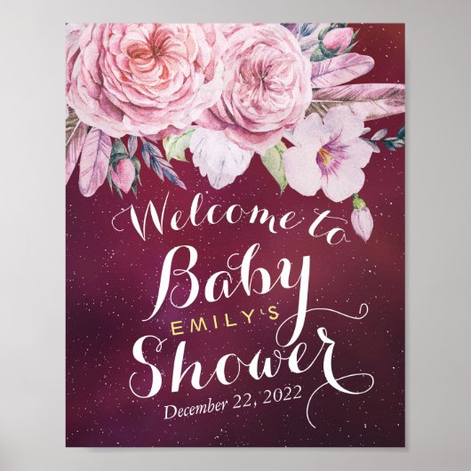 Baby shower Welkom Floral Feathers Burgundy Red Poster (Voorkant)