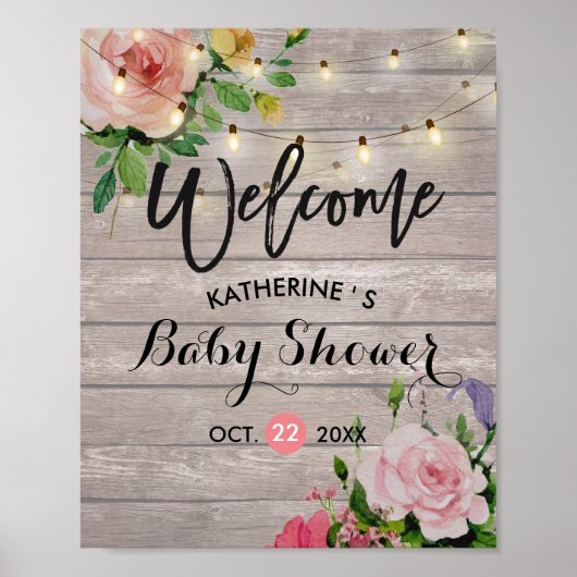 Baby shower Welkom Floral String Lights Barn Wood Poster (Voorkant)
