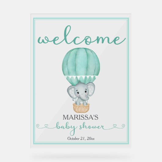 Baby shower Welkom Groene Olifant Acryl Bord (Voorkant)