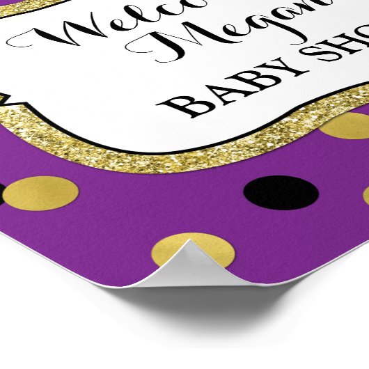 Baby shower Welkom Paarse Black Gold Confetti Poster (Hoek)