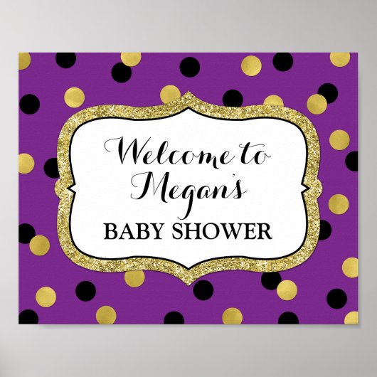 Baby shower Welkom Paarse Black Gold Confetti Poster (Voorkant)