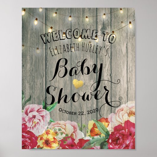 Baby shower Welkome Chic Flowers String Light Wood Poster (Voorkant)