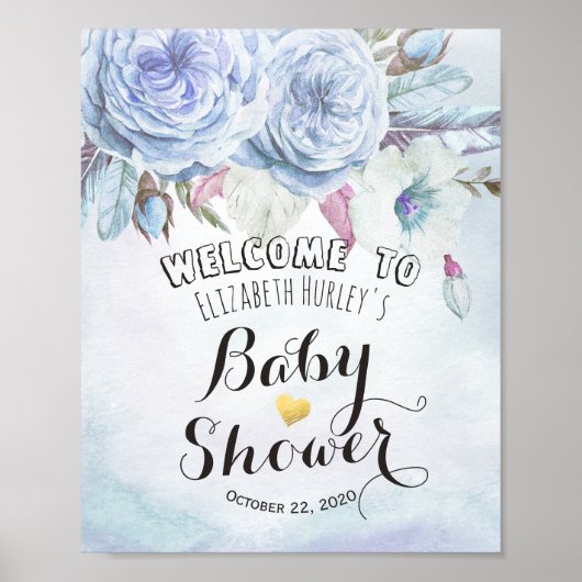 Baby shower Welkome Waterverf Boho Flower Feather Poster (Voorkant)