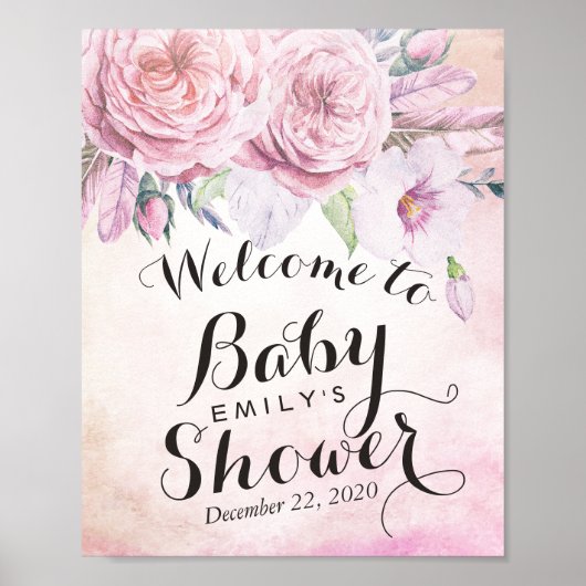 Baby shower Welkome Waterverf Boho Flower Feather Poster (Voorkant)