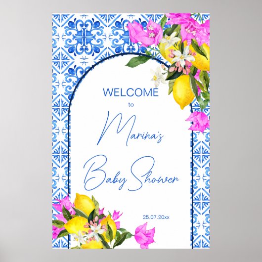 Baby shower welkomstteken Blauwe Tegels Poster (Voorkant)