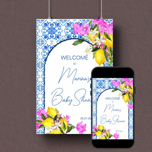 Baby shower welkomstteken Blauwe Tegels Poster