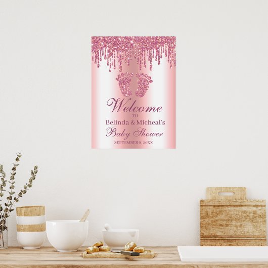 Baby shower Welkomstteken glitter Drip Pink Feet Poster (Keuken)