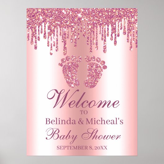 Baby shower Welkomstteken glitter Drip Pink Feet Poster (Voorkant)