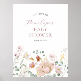 Baby shower Welkomstteken roze bloombloemen Poster