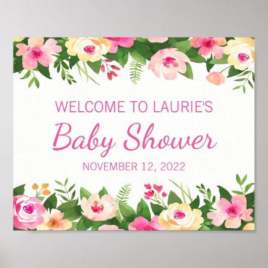 Baby shower Welkomstteken Roze en Groene Floral Poster (Voorkant)