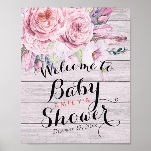 Baby shower WelkomstWaterverf Floral Rustic Wood Poster (Voorkant)