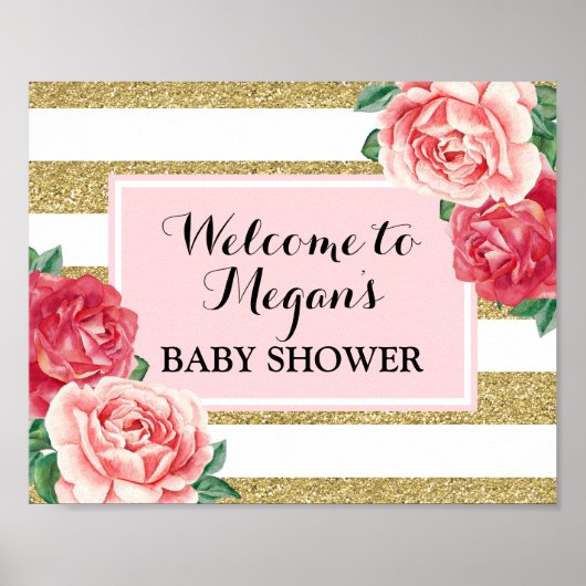 Baby shower Welkomstwoord goudroze bloemen Poster (Voorkant)