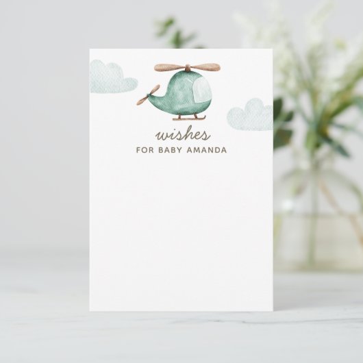 Baby shower wensen en advies. Waterverf helikopter Informatiekaartje (Staand voorkant)