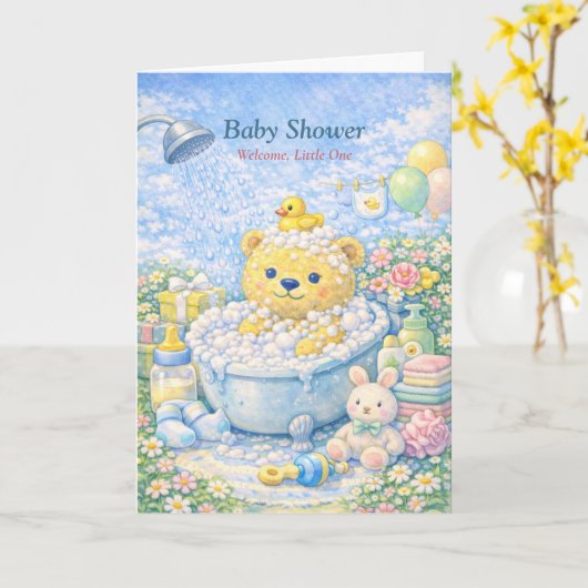 Baby Shower – Whimsical Bear Bath Illustration Kaart (Gele Bloem)