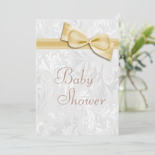 baby shower White Damask en Faux Bow Kaart (Staand voorkant)