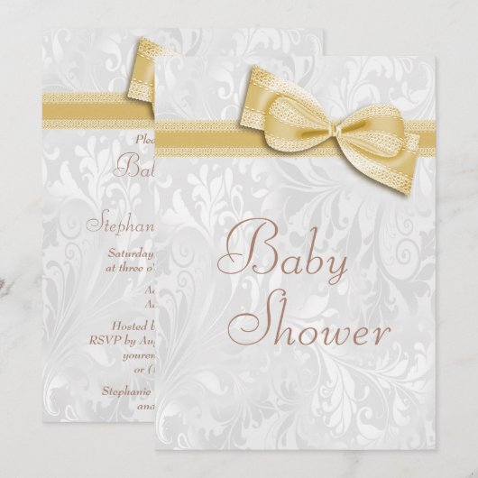 baby shower White Damask en Faux Bow Kaart (Voorkant / Achterkant)