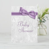 baby shower White Damask en Faux Paars Bow Kaart (Staand voorkant)
