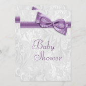 baby shower White Damask en Faux Paars Bow Kaart (Voorkant / Achterkant)