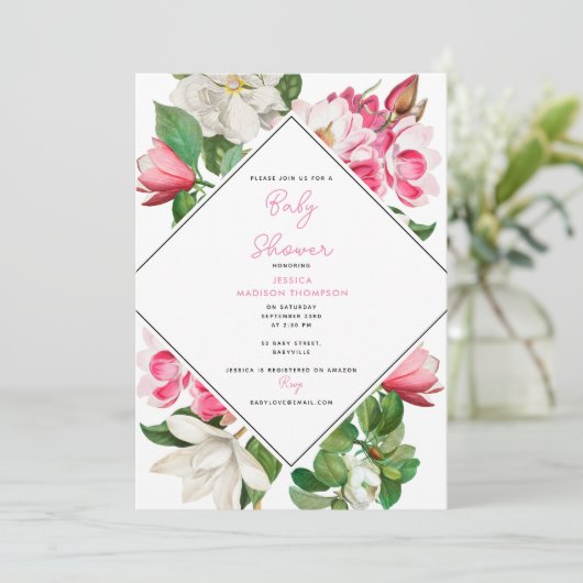  Baby shower White en Roze Magnolia Flowers Kaart (Staand voorkant)