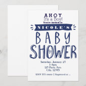 BABY SHOWER White & Navy Blue Nautische Uitnodigin Kaart (Voorkant / Achterkant)