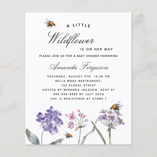 Baby shower wildbloem, uitnodiging voor budget flyer (Voorkant)