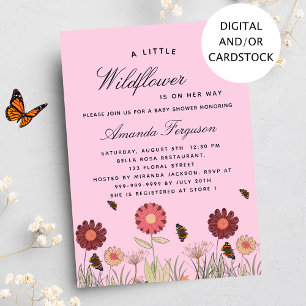 Baby shower wildbloemen vlinderroze retro kaart
