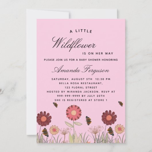 Baby shower wildbloemen vlinderroze retro kaart (Voorkant)