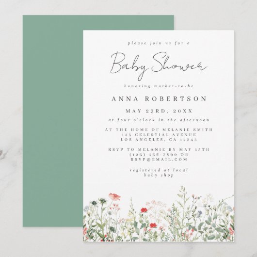 Baby shower Wilde bloem Kaart (Voorkant / Achterkant)
