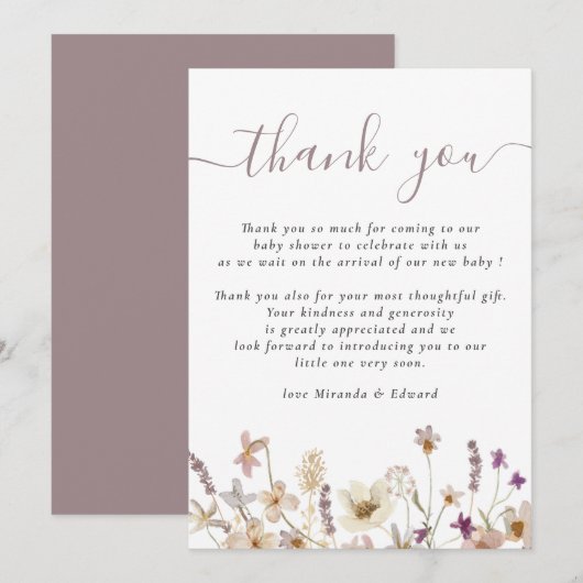 Baby shower wilde bloemen bedankkaart (Voorkant / Achterkant)