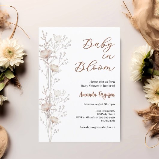 Baby shower wilde bloemen in bloei beige crème kaart