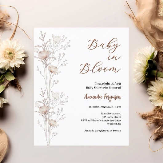 Baby shower wilde bloemen in bloei beige uitnodigi