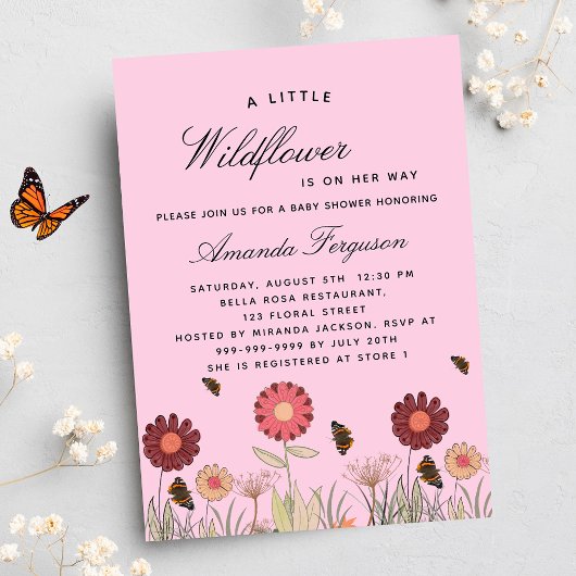 Baby shower wilde bloemen vlinderroze luxe luxe kaart