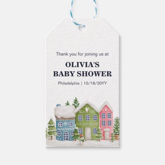 Baby shower Winter sneeuwdorp Cadeaulabel (Voorkant)