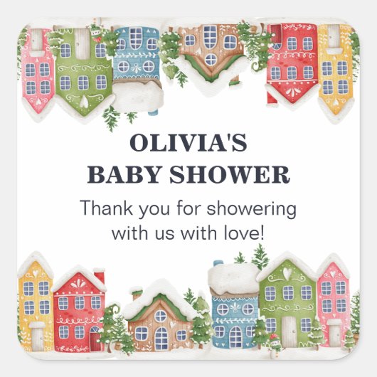 Baby shower Winter sneeuwdorp Vierkante Sticker (Voorkant)