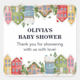 Baby shower Winter sneeuwdorp Vierkante Sticker