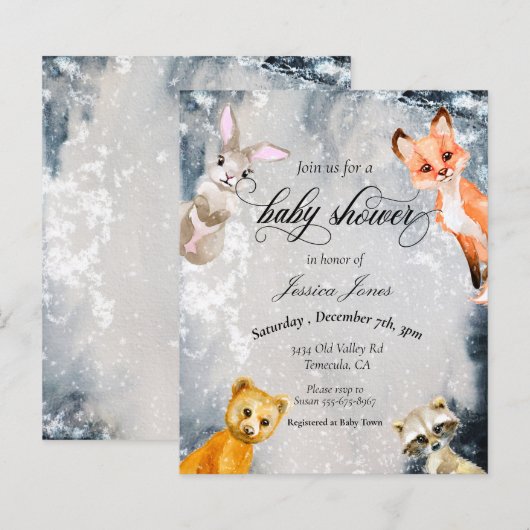 Baby shower Winter Woodland Animals Holiday Invita (Voorkant / Achterkant)