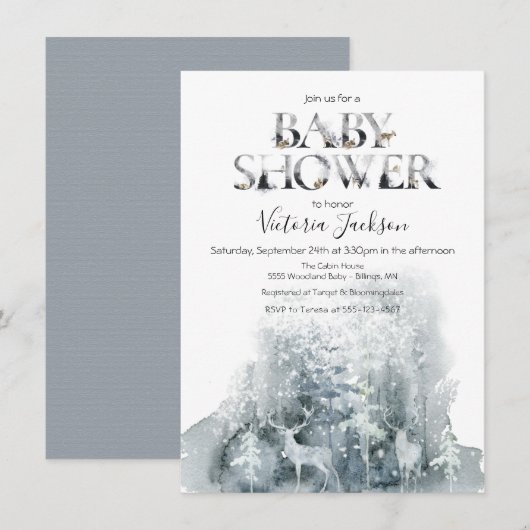 Baby shower winterbos waterverf kaart (Voorkant / Achterkant)