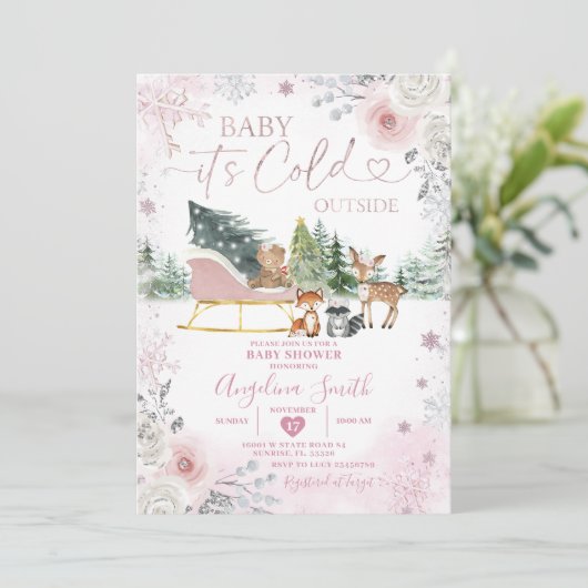 Baby shower winterpastel roze sneeuwvlok kaart (Staand voorkant)