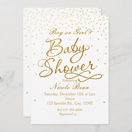 BABY SHOWER Wit & Goud Confetti Dot Uitnodigingen (Voorkant / Achterkant)