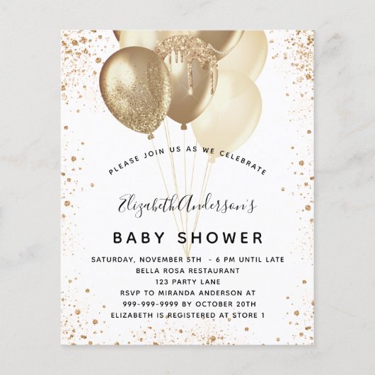 Baby shower wit goud glitter ballonnen budget flyer (Voorkant)