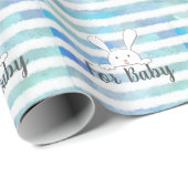 Baby shower Wit Konijnenkonijn Blauwe Streep Cadeaupapier (Rol Hoek)