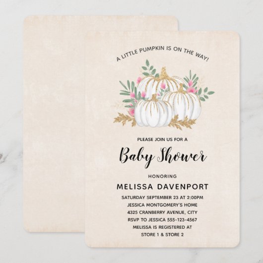 Baby shower witte en goudpompoenen Waterverf Kaart (Voorkant / Achterkant)