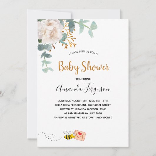 Baby shower witte florale bijen kaart (Voorkant)