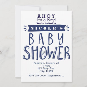 BABY SHOWER Witte & marineblauwe uitnodigingen met