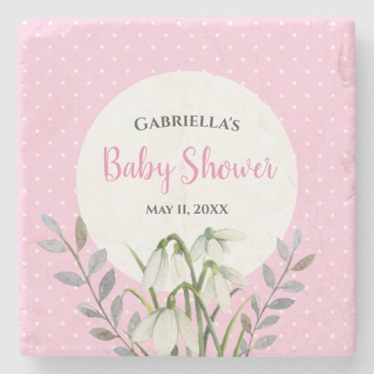 Baby Shower Witte Sneeuwdruppels Roze Stippen Stenen Onderzetter (Voorkant)