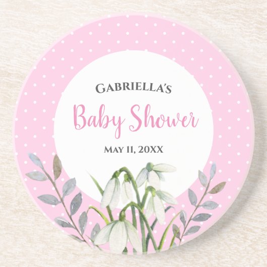 Baby Shower Witte Sneeuwdruppels Roze Stippen Zandsteen Onderzetter (Voorkant)