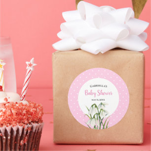 Baby Shower Witte Sneeuwklokjes Roze Stippen Ronde Sticker