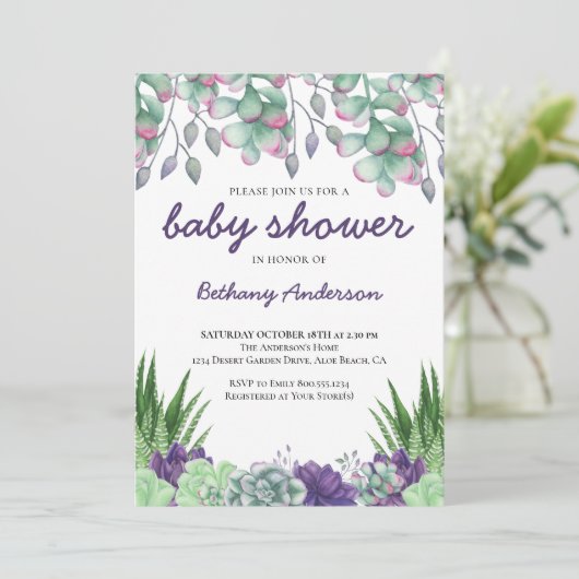 Baby Shower Woestijn Tuin Succulenten Waterverf Kaart (Staand voorkant)