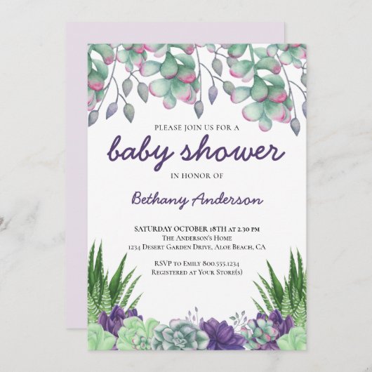 Baby Shower Woestijn Tuin Succulenten Waterverf Kaart (Voorkant / Achterkant)
